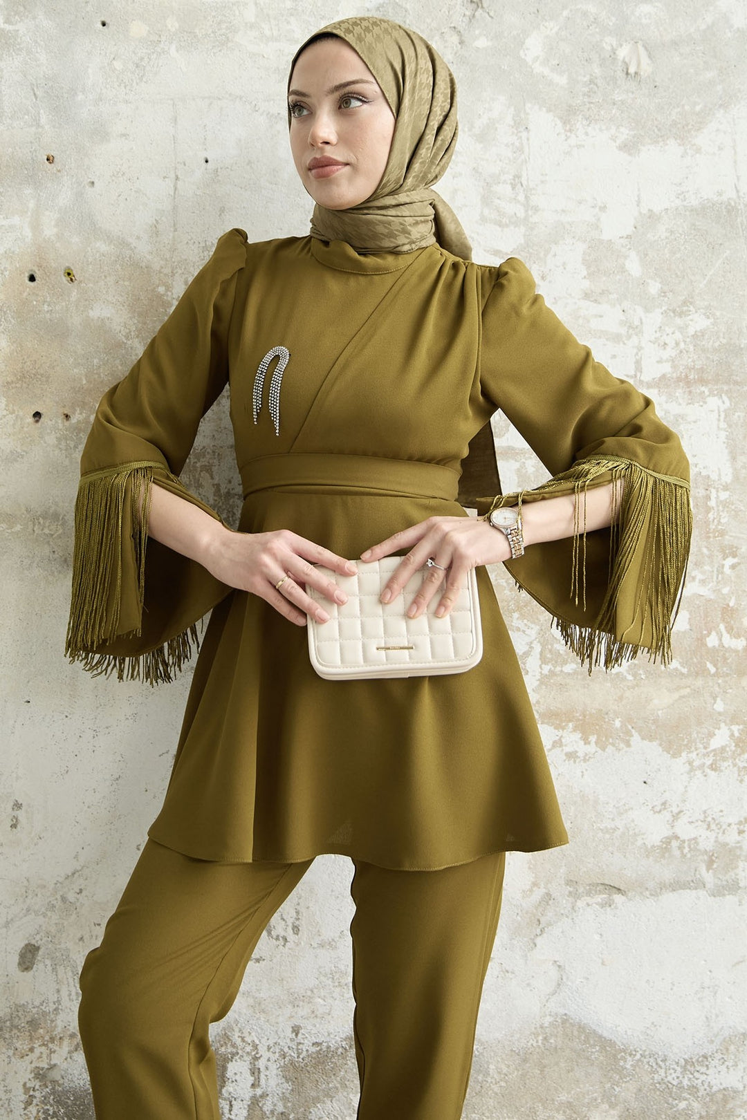 MDS Women Tasseled Sleeve Stone Crepe Set - Olive Green - Jilotepec