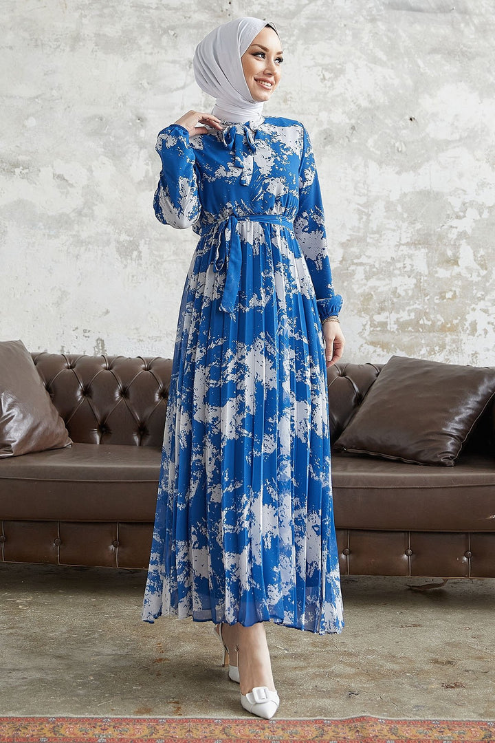 MDS Women Diva Collar Belted Pleated Chiffon Dress - Indigo - Évry