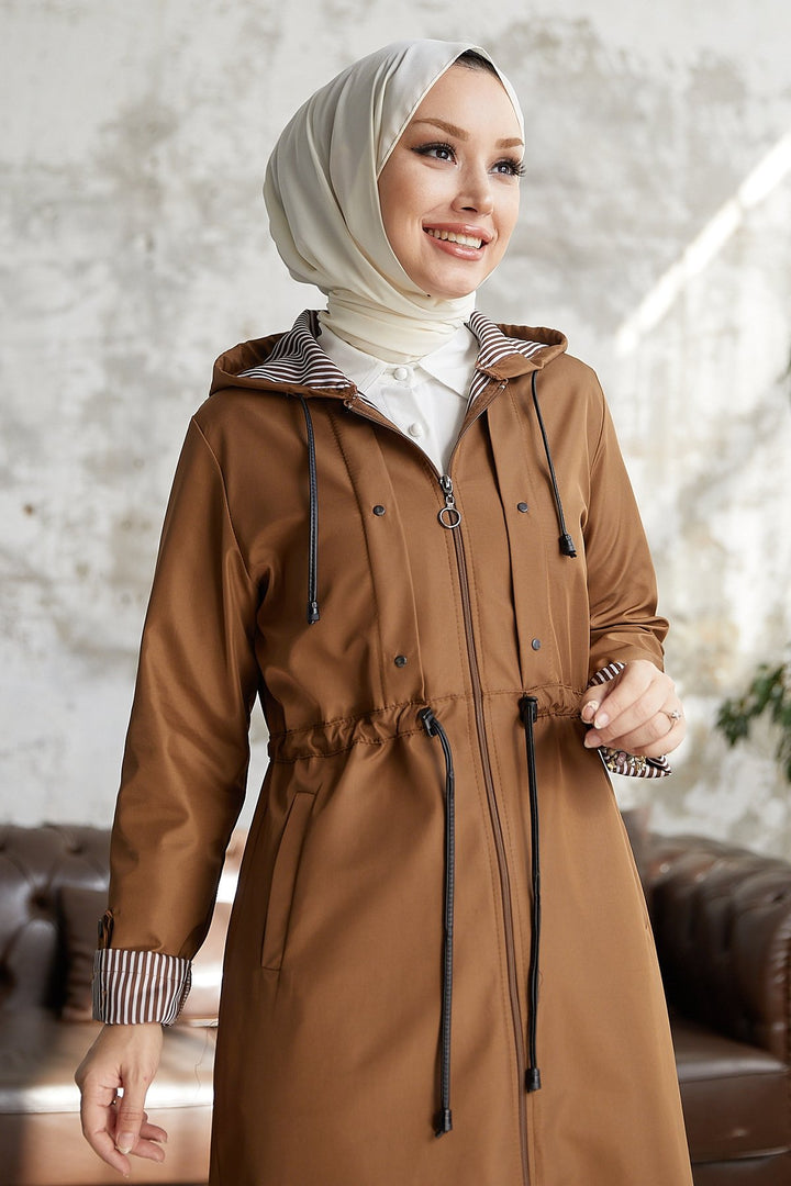 MDS Women Checked Striped Pattern Long Trench Coat - Tan - Messina