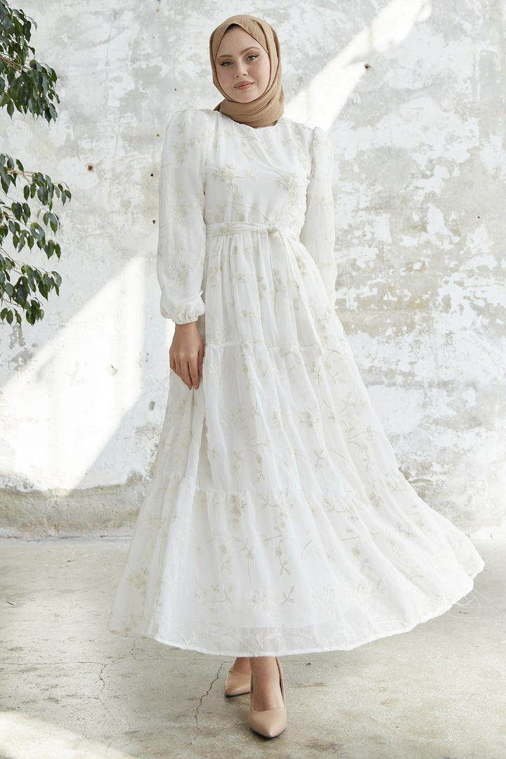 MDS Women Embroidered Ruffled Chiffon Dress - White - Mykolaiv