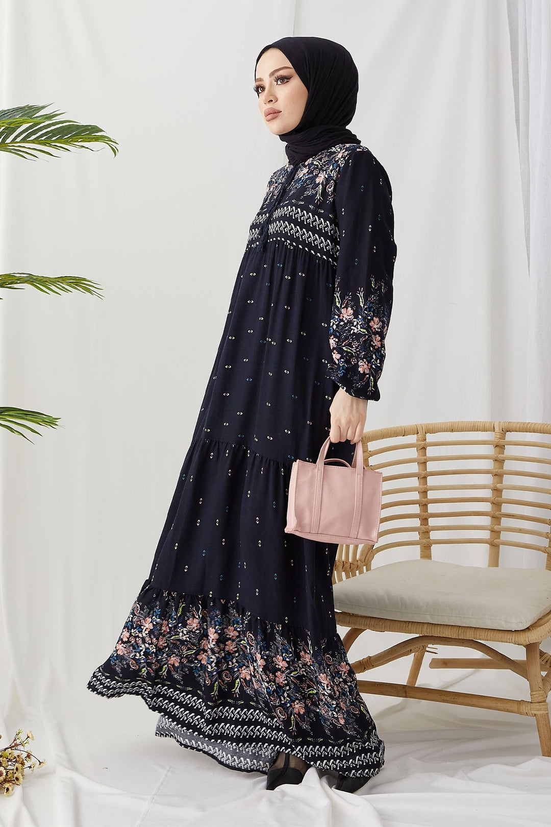 MDS Women Flowy Dress with Watery Pattern - Dark Navy - Nuremberg