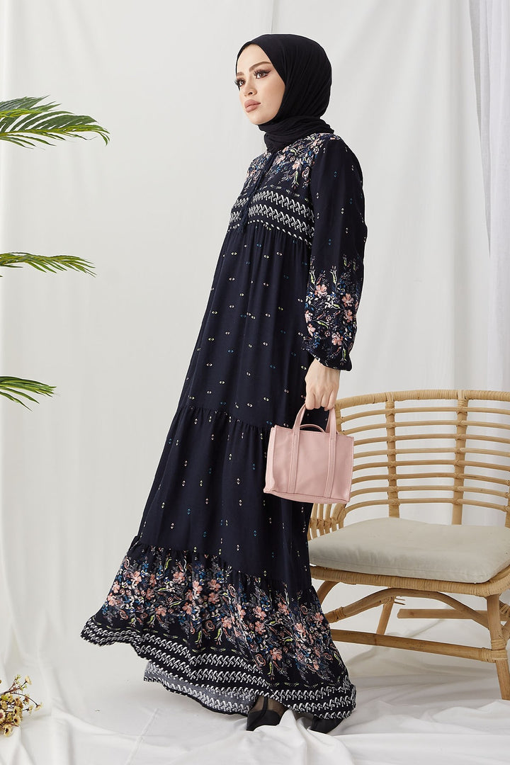 MDS Women Flowy Dress with Watery Pattern - Dark Navy - Nuremberg