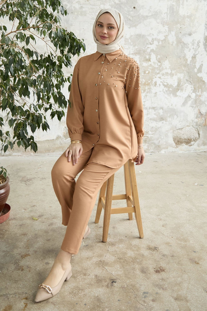 MDS Women Linen Set with Embroidery - Camel - Neuilly-sur-Seine