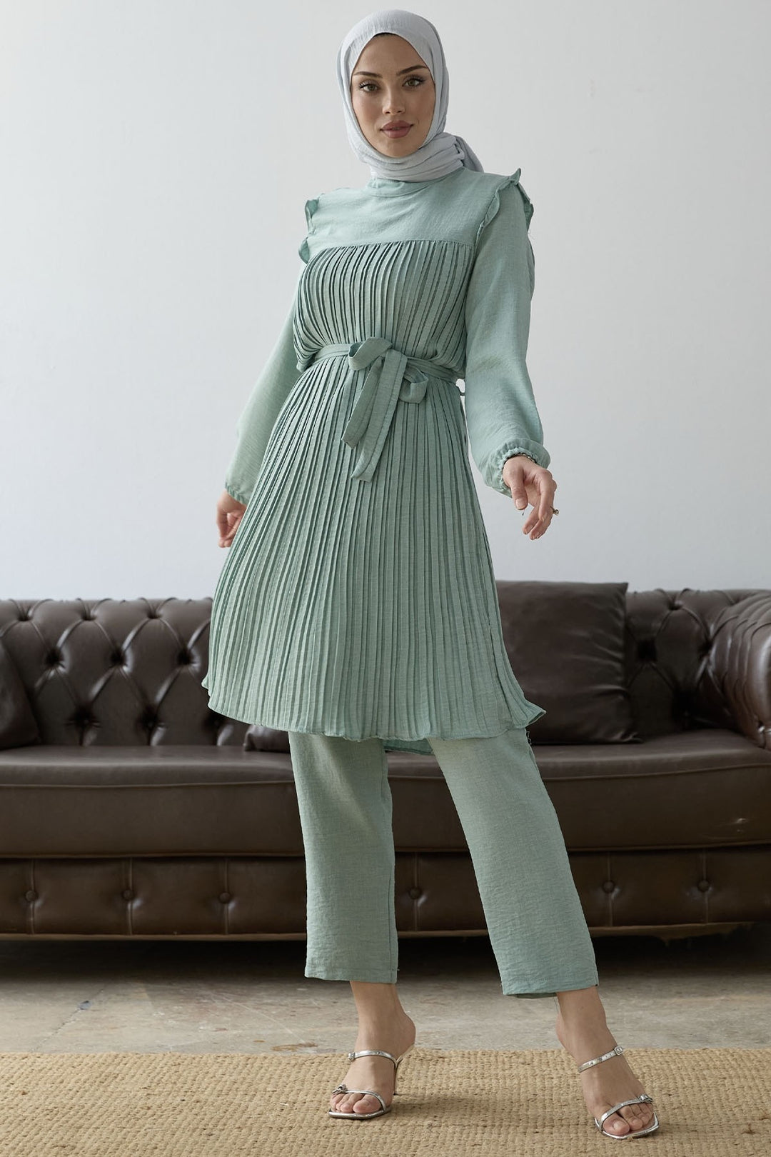 MDS Women Front Pleated Ruffle Detail Set - Water Green - Hofheim