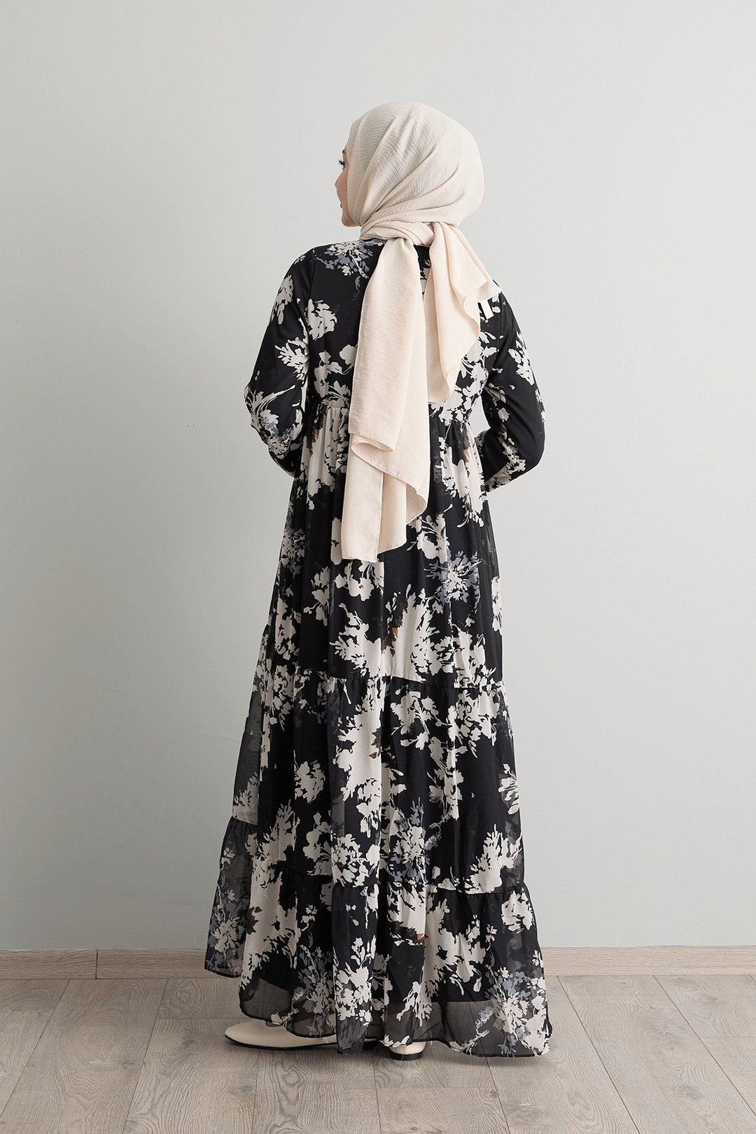 MDS Women Black Chiffon Dress with Leaf Pattern and Tassels at the Front - Schagen