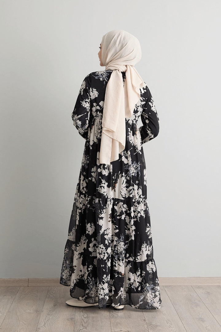 MDS Women Black Chiffon Dress with Leaf Pattern and Tassels at the Front - Schagen