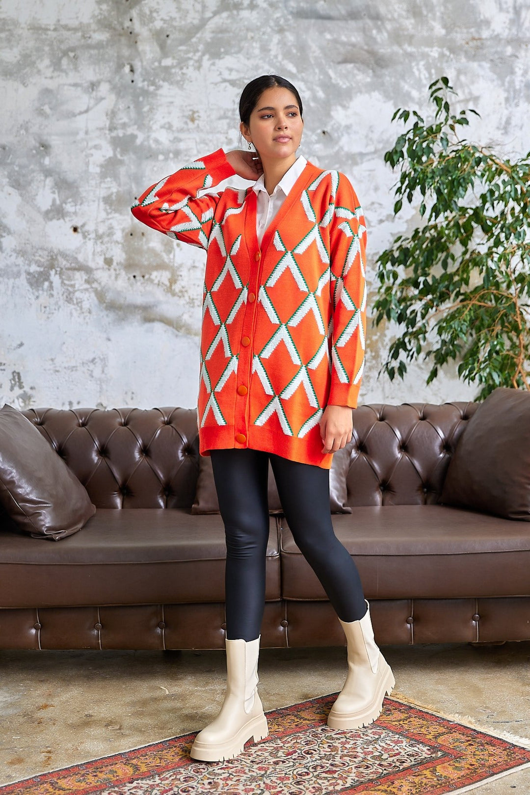 MDS Women V Patterned Loose Knit Cardigan - Orange - Portsmouth