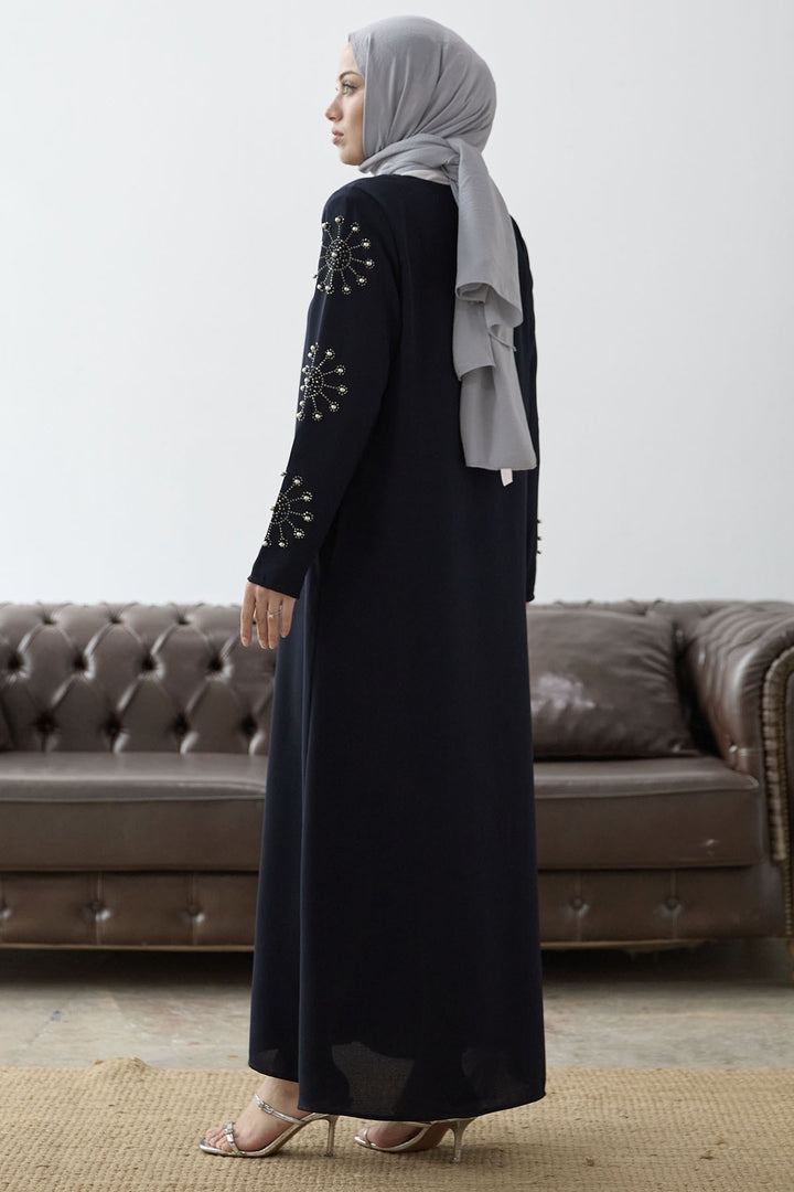 MDS Women Sleeves Pearl Stone Detail Abaya - Navy Blue - Roy