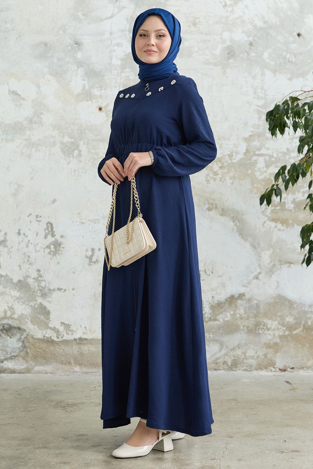 MDS Women Flower Pearl Embroidered Elastic Navy Abaya - San Pedro Mixtepec