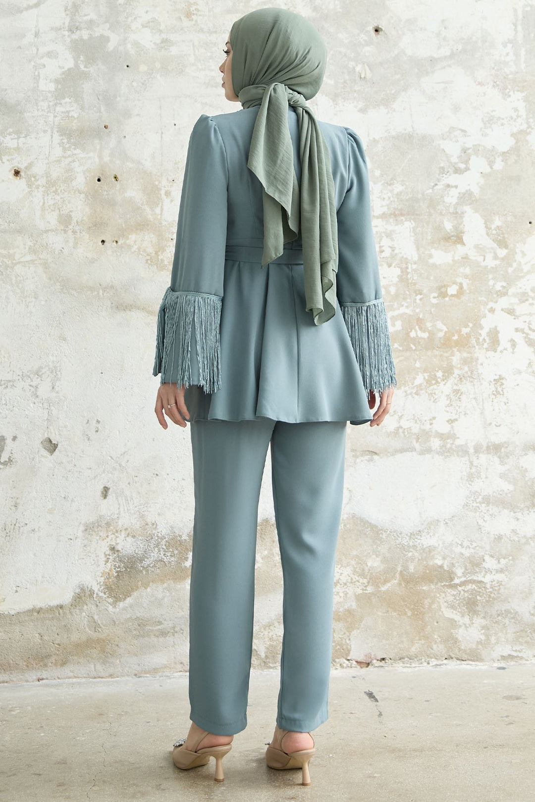 MDS Women Tasseled Sleeve Stone Crepe Set - Mint - Stockport