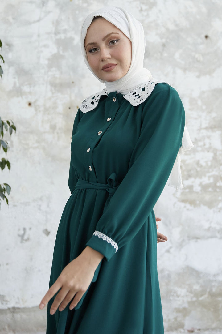 MDS Women Baby Collar Belted Dress - Emerald Green - Mülheim