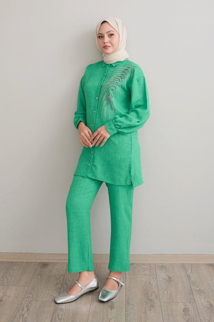 MDS Women Leaf Stone Processing Green Linen Set - Berdiansk
