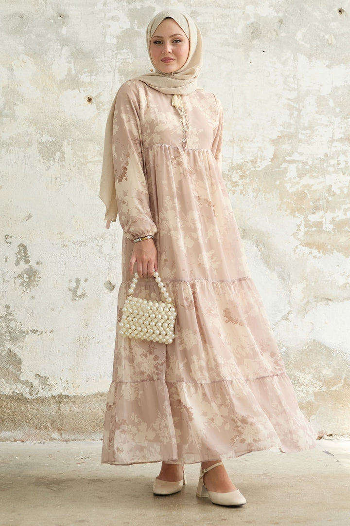 MDS Women Beige Chiffon Dress with Leaf Pattern and Tassels at the Front - Neunkirchen