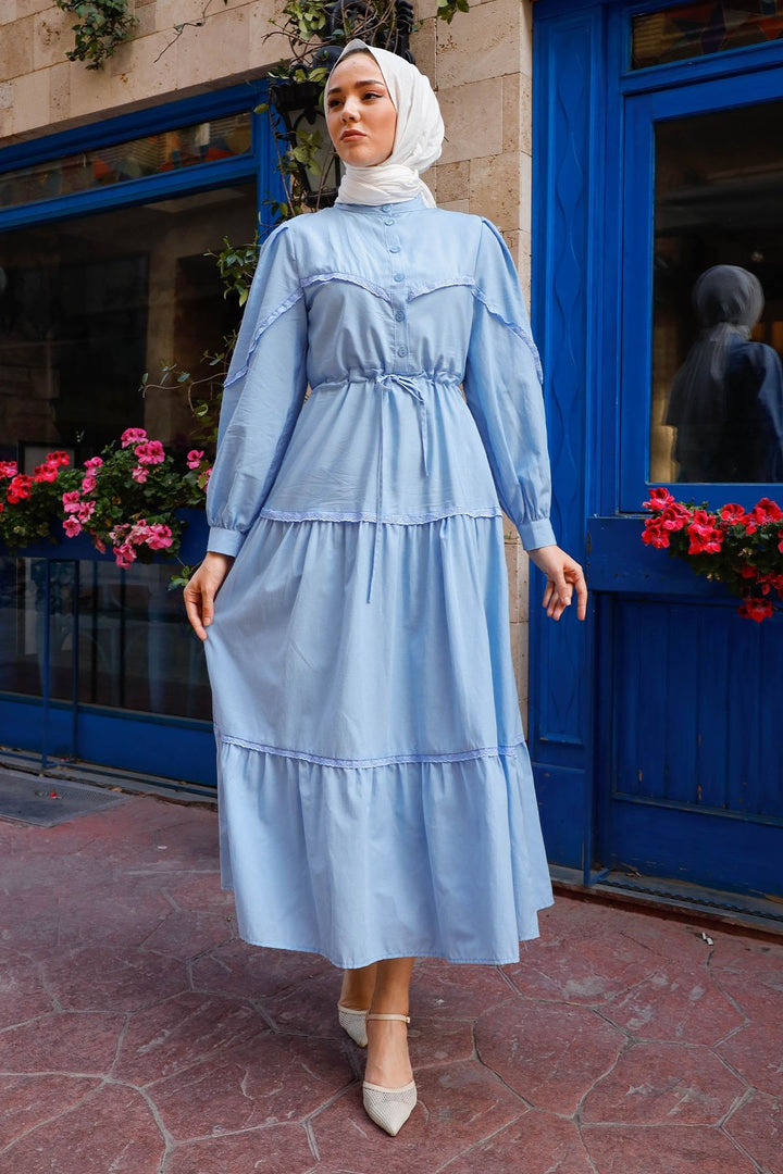 MDS Women Guipure Detail Balloon Sleeve Dress - Baby Blue - Bornheim