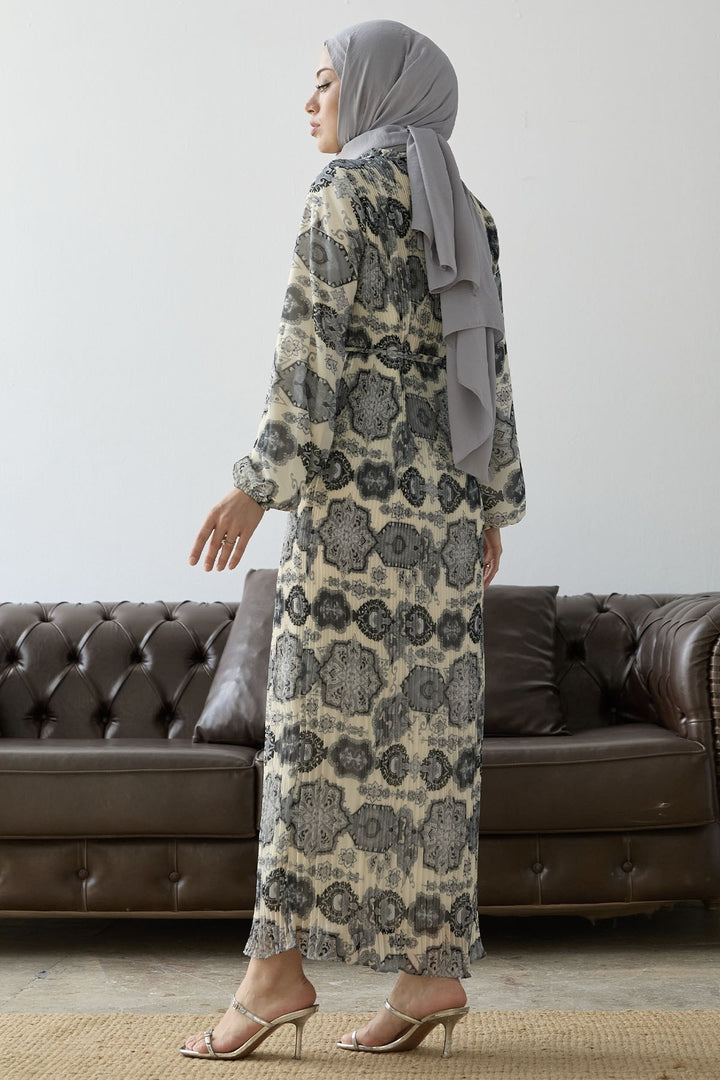 MDS Women Pleated Shawl Pattern Chiffon Dress - Gray - Gjilan