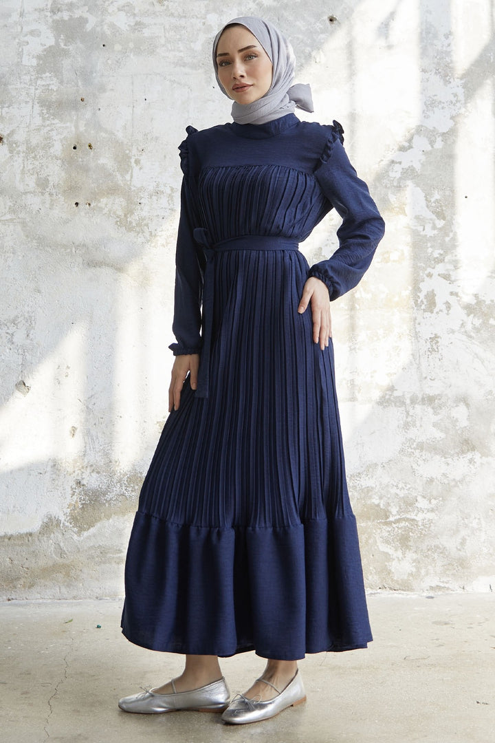 MDS Women Ruffle Trim Linen Dress with Puffed Shoulders - Navy - Seattle