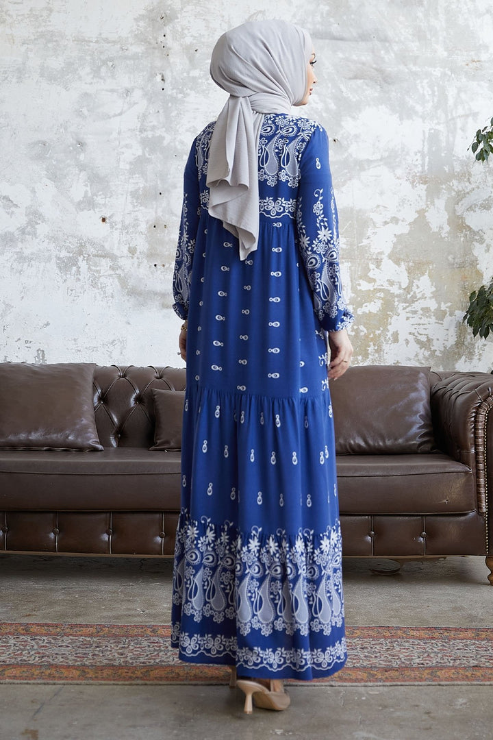 MDS Women Viscose Dress with Tassel Pattern in Front of the Jungle - Indigo - Manacor