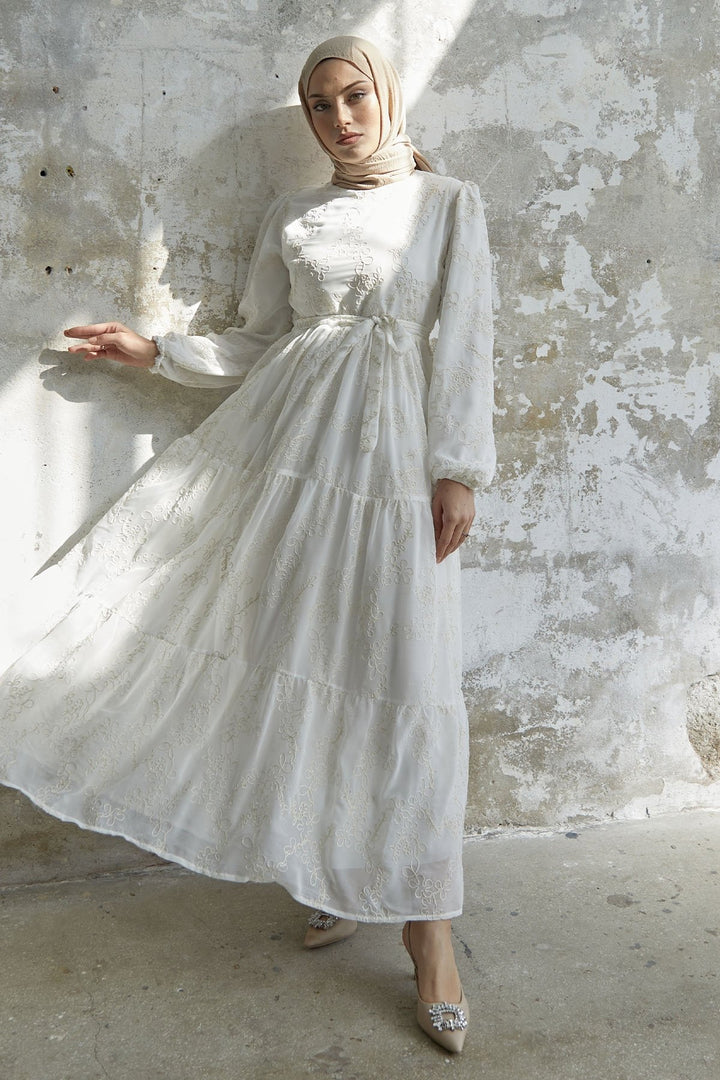 MDS Women Chiffon Dress with Flower Pattern Embroidery - White - Coevorden