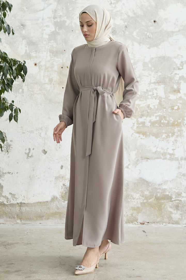 MDS Women Belted Honeycomb Fabric Abaya - Beige - Chula Vista