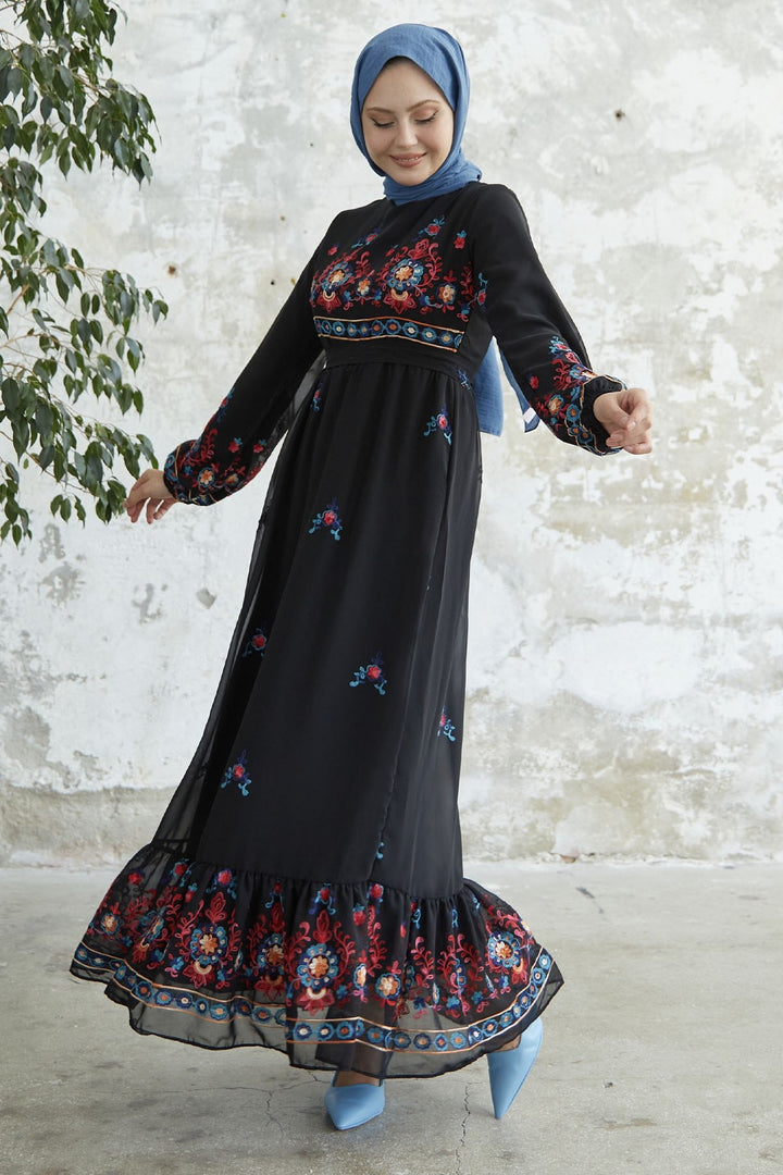 MDS Women Embroidered Skirt Frill Chiffon Dress - Black - Lerma