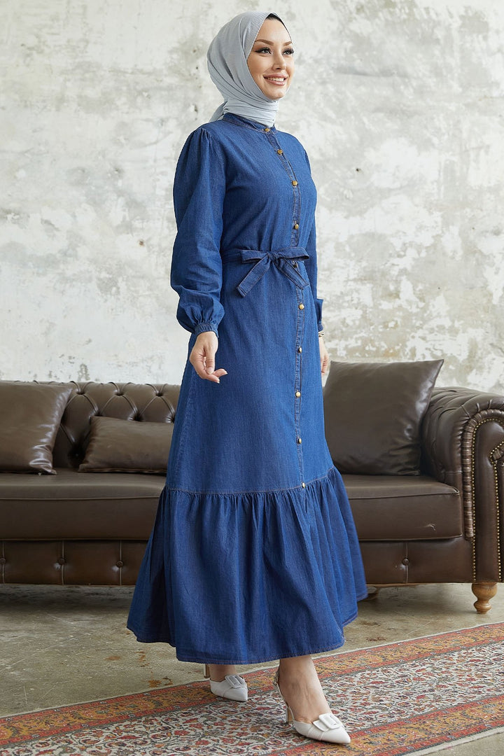 MDS Women Aravis Skirt Ruffled Belted Denim Dress - Dark Blue - La Presa