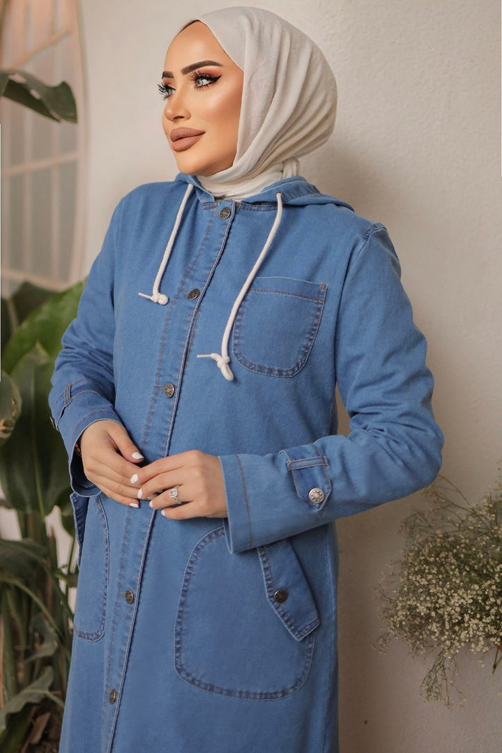 MDS Women Pocket Hooded Denim Abaya - Blue - Ladispoli