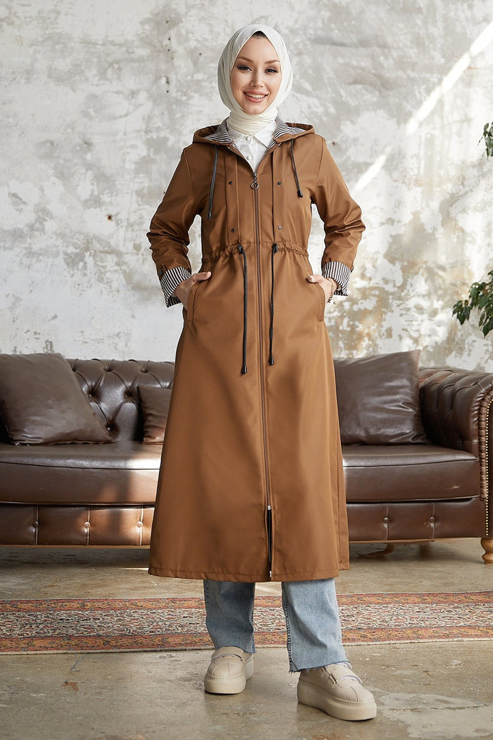 MDS Women Checked Striped Pattern Long Trench Coat - Tan - Messina