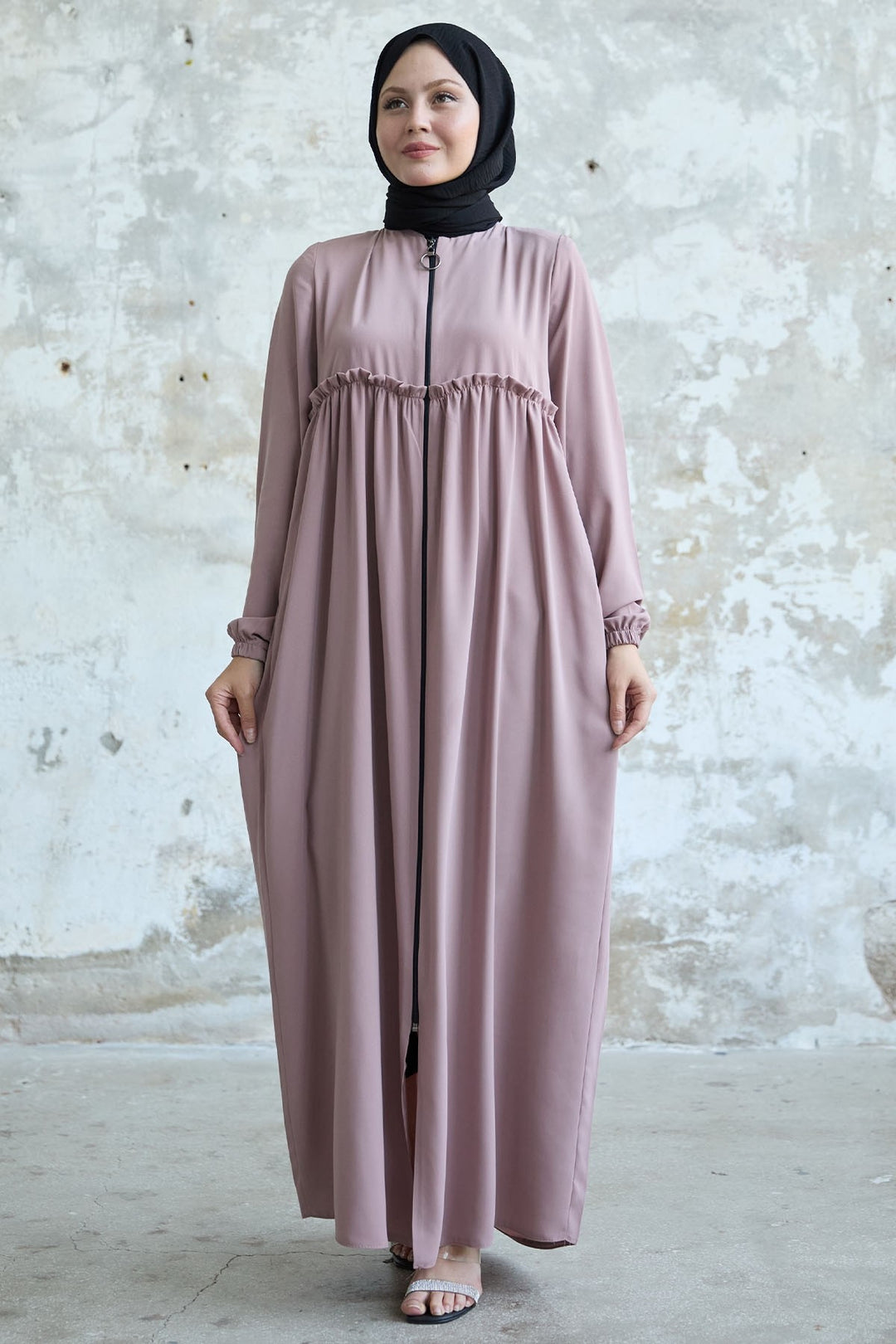 MDS Women Back Tassel Detail Ruched Powder Abaya - Broken Arrow