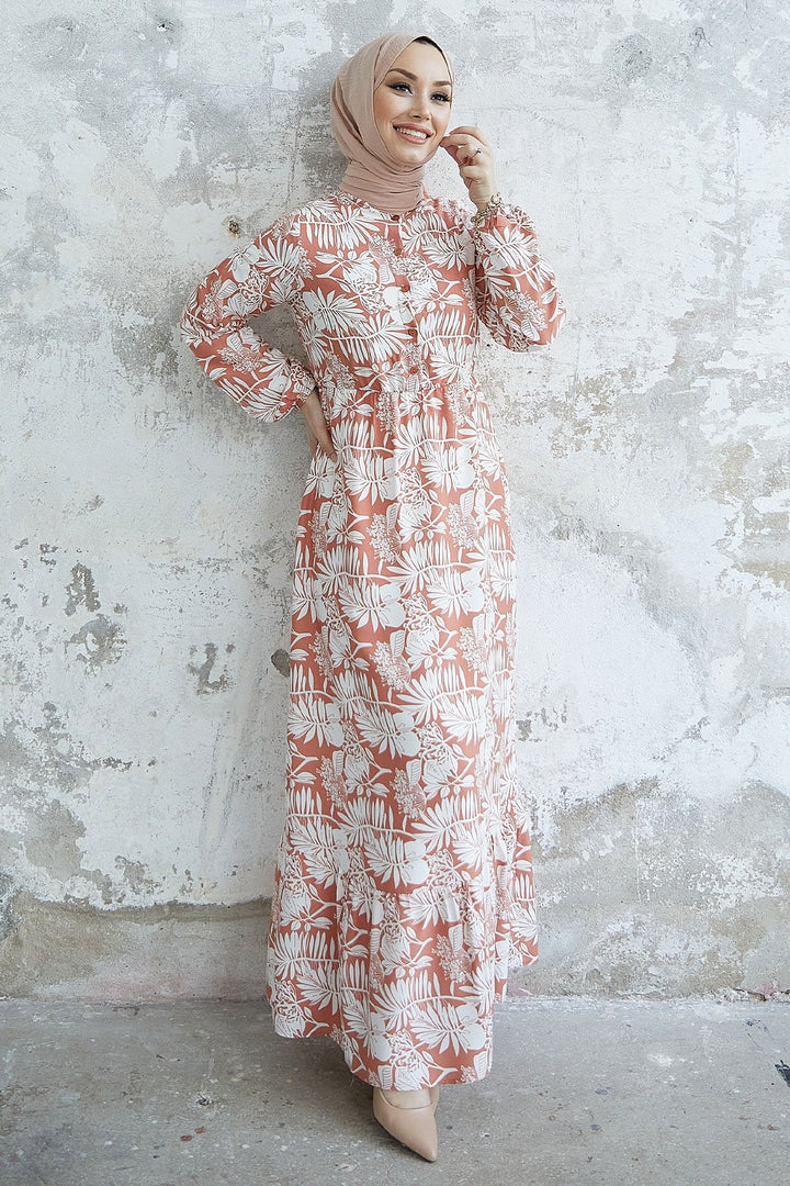MDS Women Fale Complex Leaf Patterned Viscose Dress - Salmon - Sint-Truiden