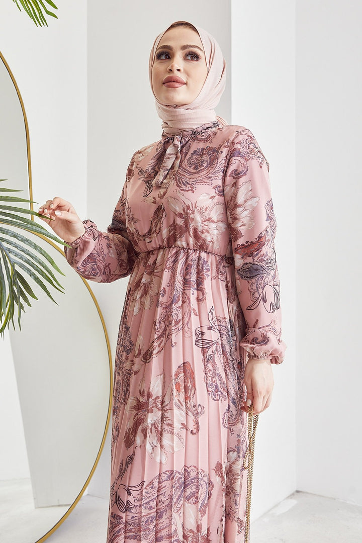 MDS Women Serena Flower Pattern Pleated Chiffon Dress - Rose Pink - Toulouse