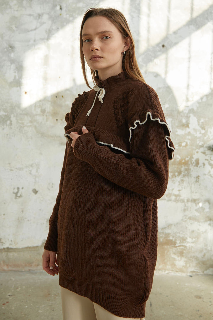 MDS Women Matilda Frill Detail Knit Tunic - Bitter Brown - Santa Cruz