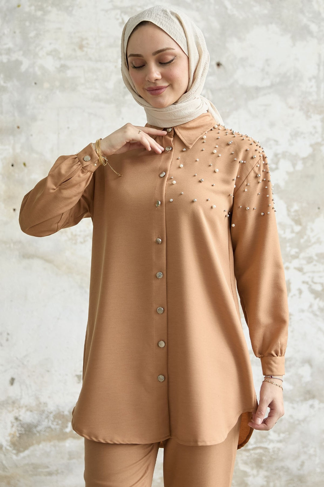 MDS Women Linen Set with Embroidery - Camel - Neuilly-sur-Seine