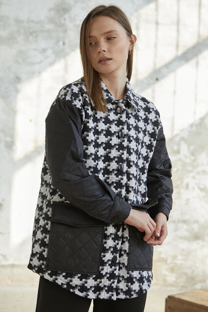MDS Women Herringbone Pattern Quilted Jacket - Black - Chalco