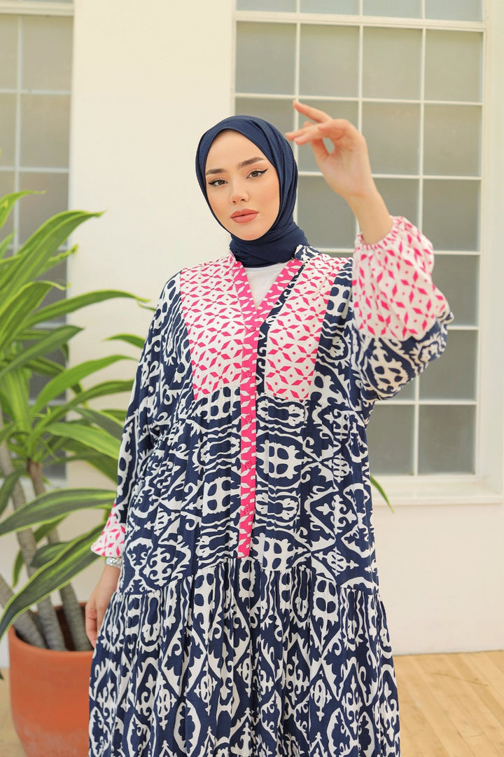 MDS Women Patterned Balloon Sleeve Navy Viscose Dress - Owings Mills