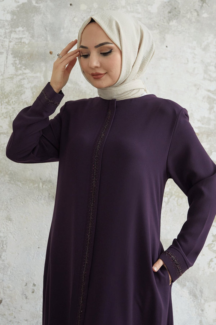 MDS Women Full-Length Stone Detailed Abaya - Purple - Torremolinos