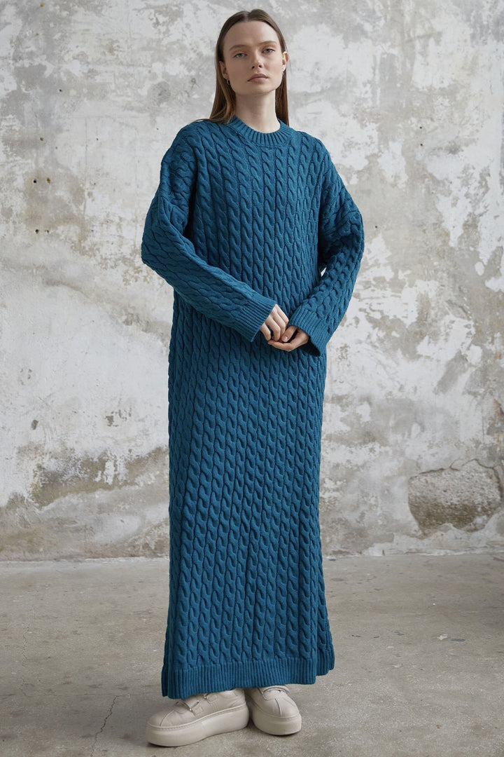 MDS Women Everly Knitted Patterned Sweater Dress - Petrol Green - Preston