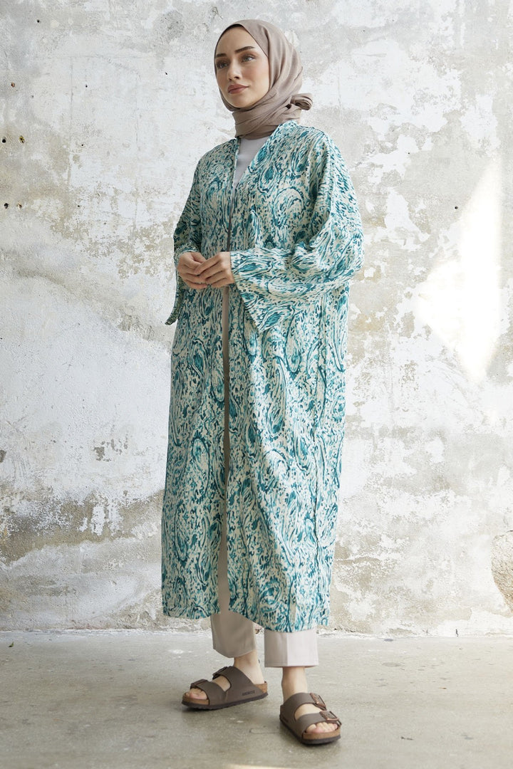 MDS Women Spiral Patterned Long Kimono - Green - Lancaster