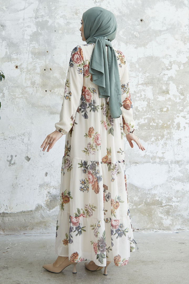 MDS Women Lace-Up Floral Chiffon Dress - Cream - Nelson