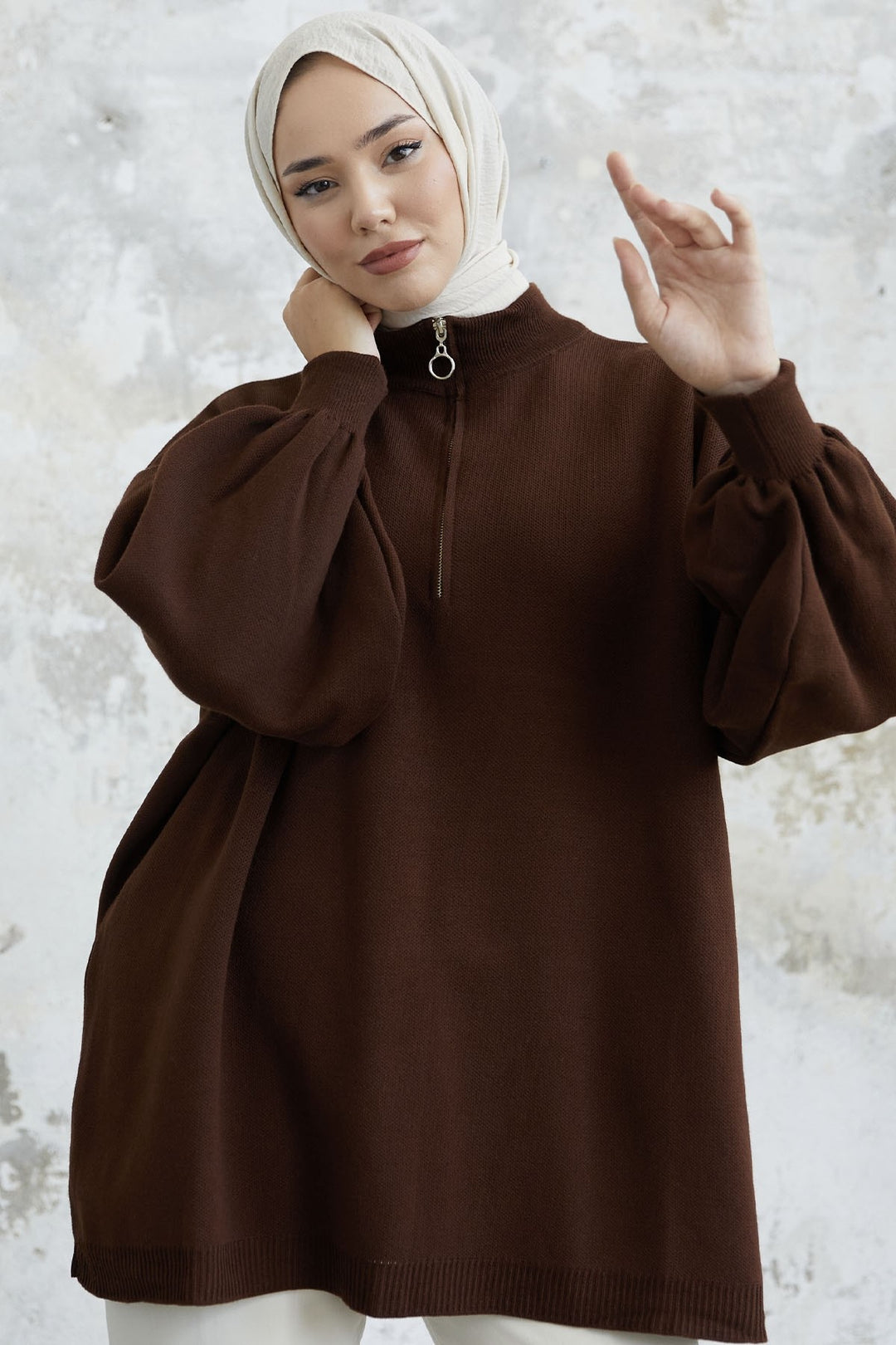 MDS Women Sara Zippered Knit Tunic - Bitter Brown - Cottage Grove