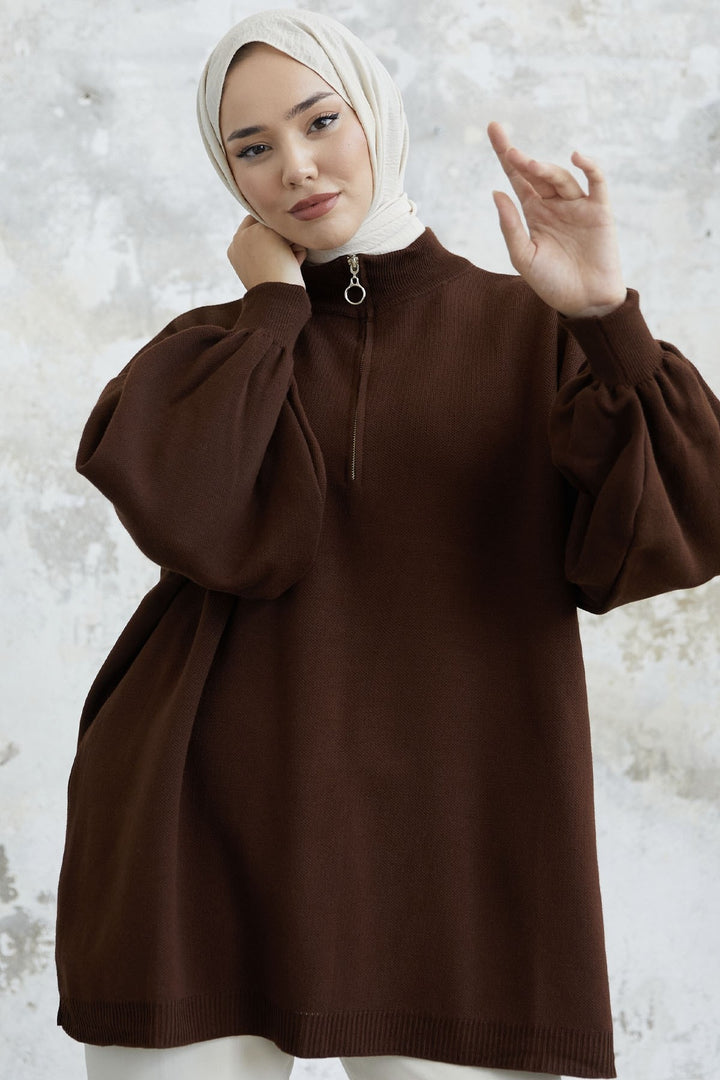 MDS Women Sara Zippered Knit Tunic - Bitter Brown - Cottage Grove
