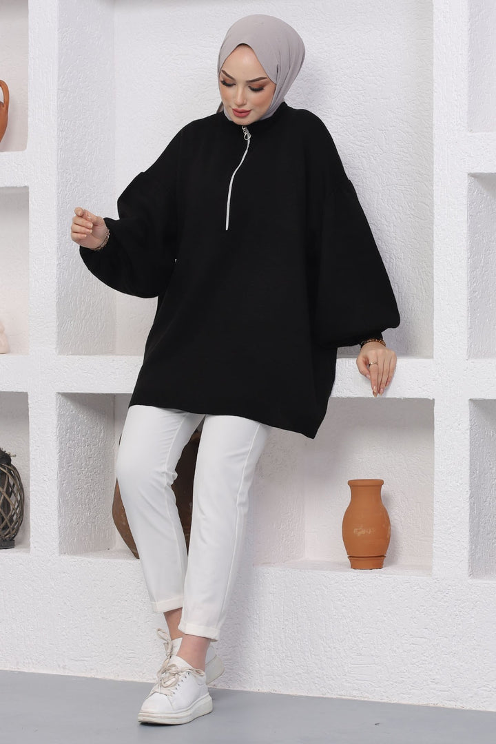MDS Women Sara Zippered Knit Tunic - Black - Sunnyvale