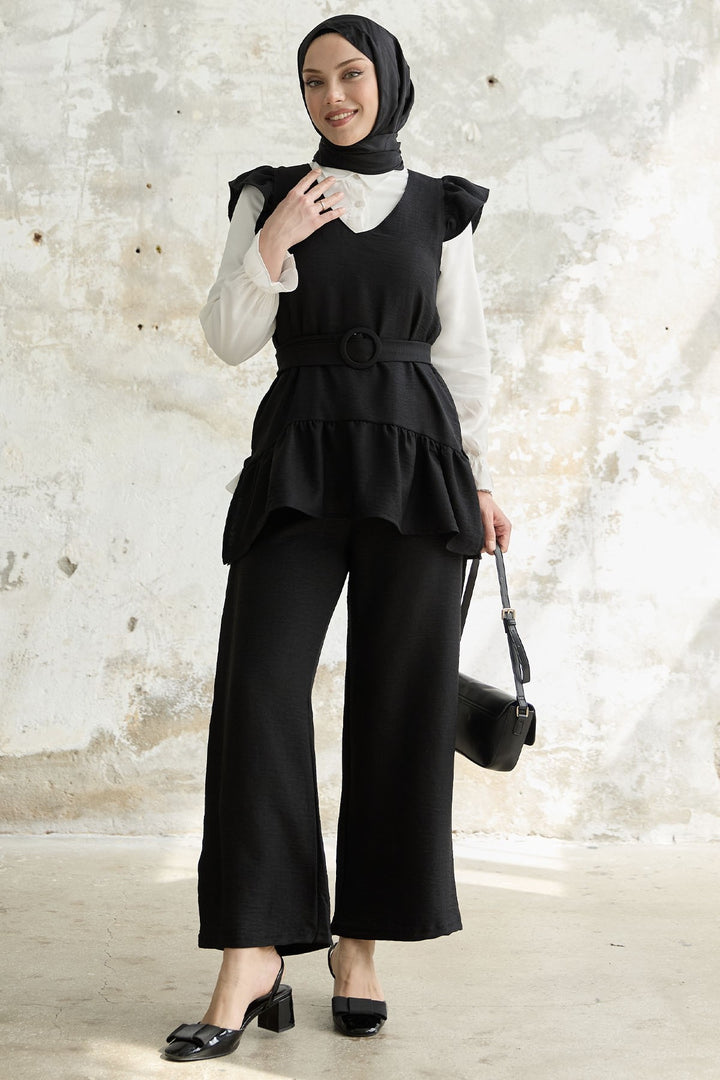MDS Women Ruffled Shoulder Three Piece Set - Black - Roosendaal