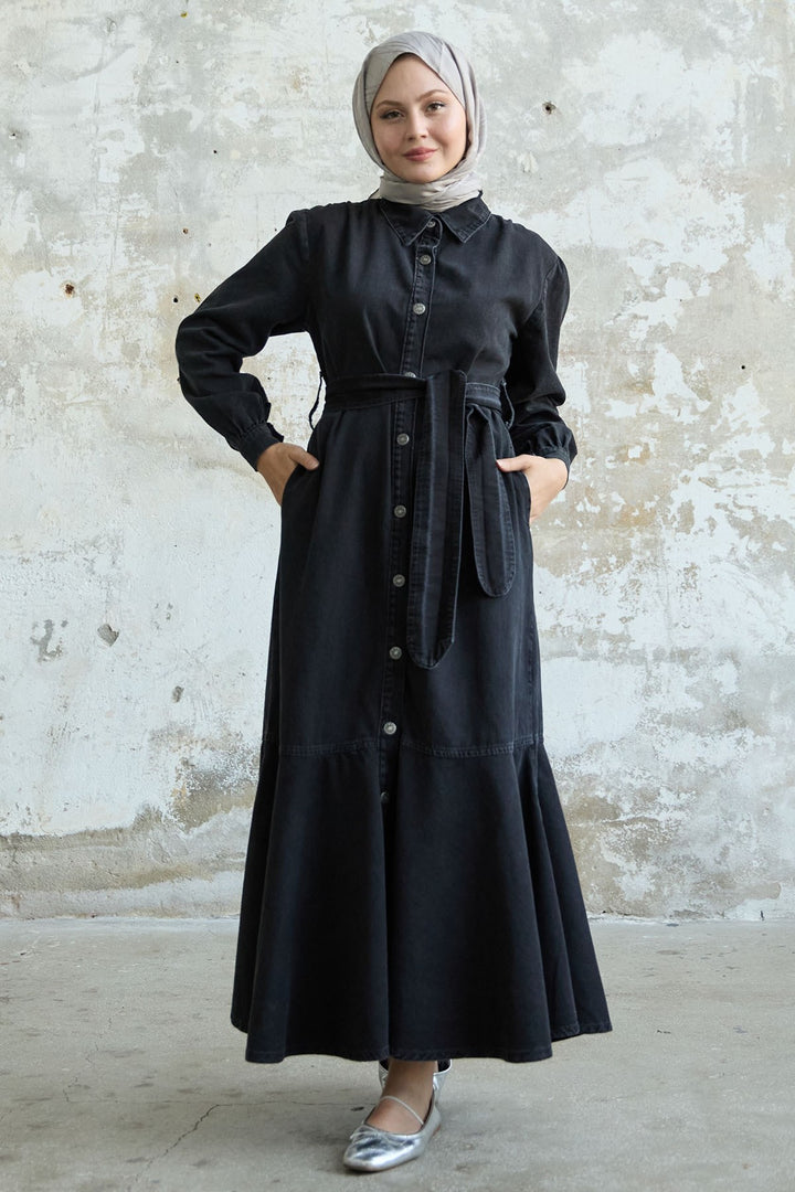 MDS Women Buttoned Belted Denim Dress - Black - Medicine Hat