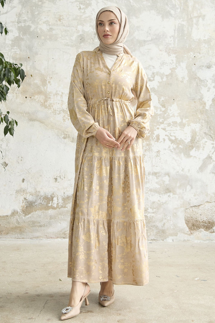 MDS Women Gold Leaf Patterned Dress - Mink - Oldham