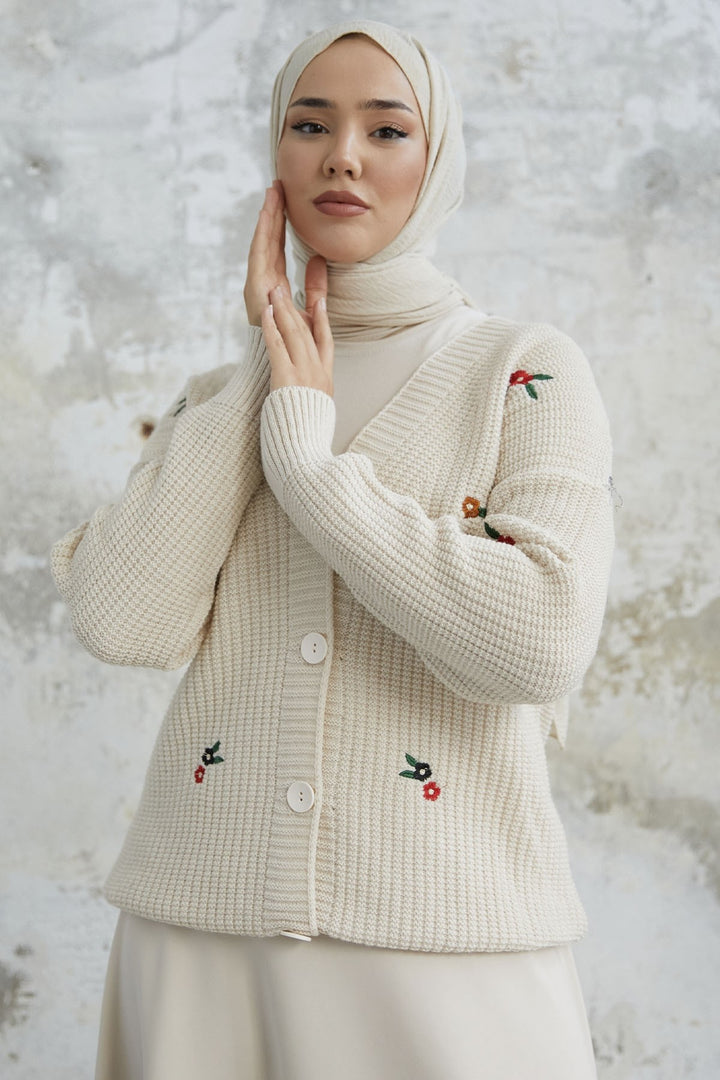 MDS Women Beige Cardigan with Daisy Embroidery - Bremerton