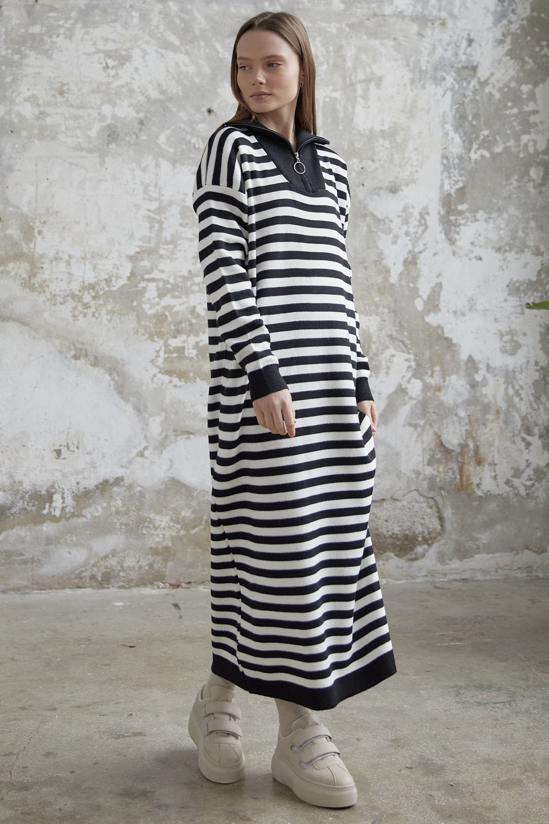 MDS Women Striped Knit Dress with Zippered Neckline - Black - Kiryas Joel