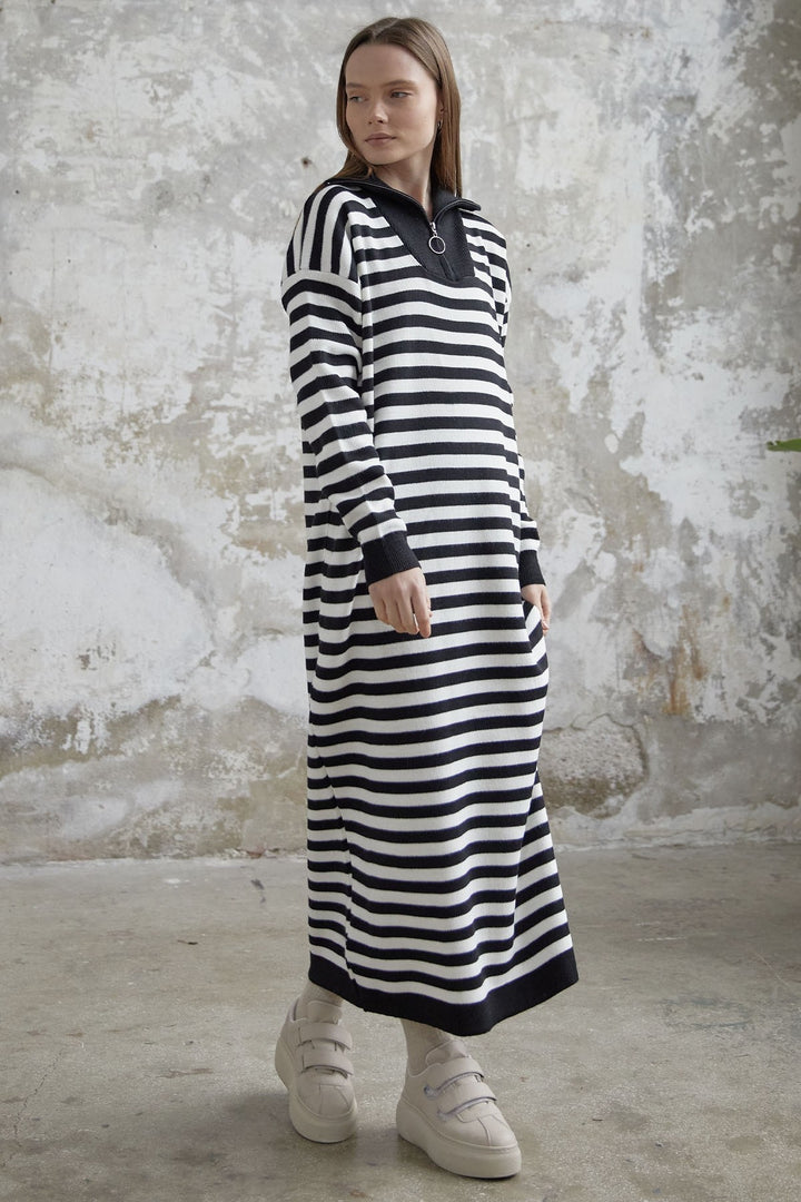 MDS Women Striped Knit Dress with Zippered Neckline - Black - Kiryas Joel