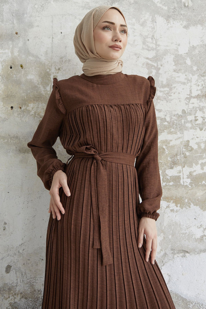 MDS Women Ruffle Trim Linen Dress with Puff Sleeves - Dark Brown - Ciudad López Mateos