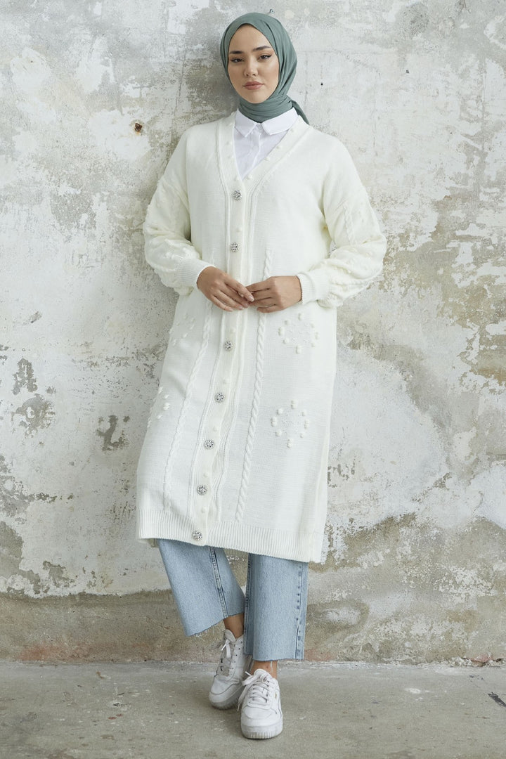 MDS Women Lomira Stone Button Detailed Knit Cardigan - White - Temascalcingo