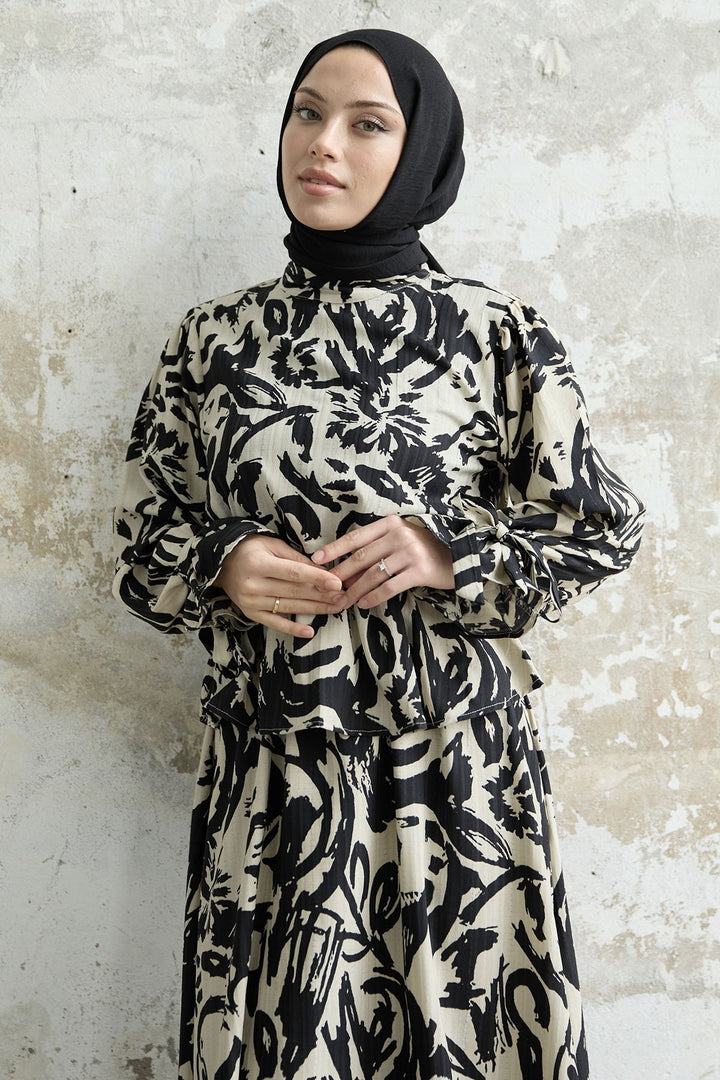 MDS Women Sleeve Tied Patterned Skirt Suit - Black - Beveren